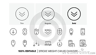 Scroll down line icons. Scrolling mouse, landing page swipe signs. Linear set. Line icons. Vector Vector Illustration