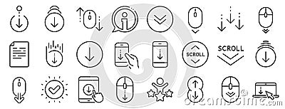 Scroll down line icons. Scrolling mouse, landing page swipe signs. Vector Vector Illustration