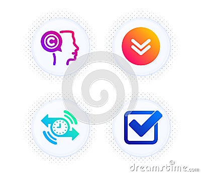 Scroll down, Timer and Writer icons set. Checkbox sign. Swipe arrow, Stopwatch, Copyrighter. Approved tick. Vector Vector Illustration