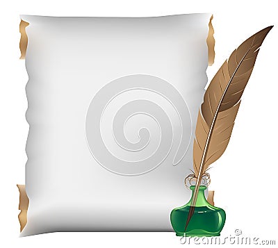 Scroll, feather and inkwell Vector Illustration