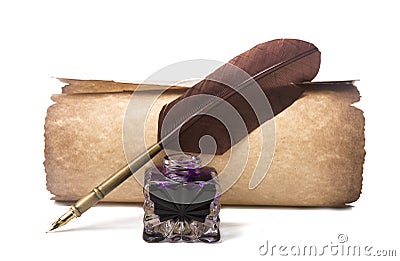 Scroll and fountain pen with feather near inkstand isolated on white Stock Photo