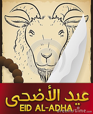 Scroll with Goat, Knife and String Beads for Eid al-Adha, Vector Illustration Vector Illustration