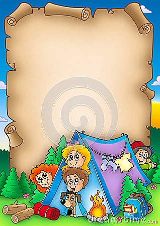 Scroll with group of camping kids Cartoon Illustration