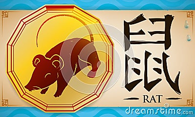 Scroll with Medal and Chinese Zodiac Rat over Watery Background, Vector Illustration Vector Illustration