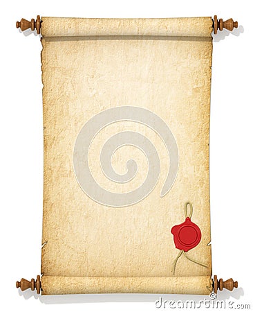 Scroll of old yellowed paper with a wax seal Stock Photo