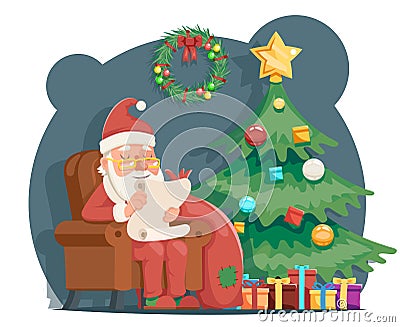 Scroll Wishes Paper Santa Claus Sit Armchair Pleased Happy Satisfied Christmas Gift Bag Cartoon Character Design Vector Illustration