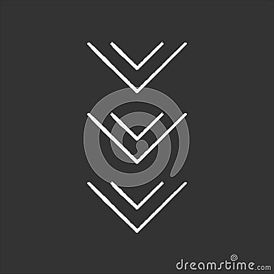 Scrolling down button chalk white icon on black background. Three downward arrows for mobile app interface. Arrowheads Vector Illustration