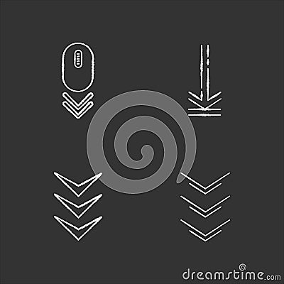 Scrolling down and uploading indicators chalk white icons set on black background. Scrolldown gesture. Arrows interface Vector Illustration