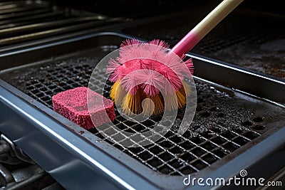 scrub brush and cleaning solution on oven grates Stock Photo