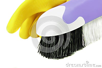 Scrub Brush and Rubber Gloves Stock Photo