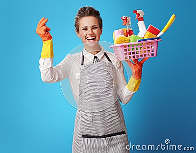 Scrubwoman with a basket with cleansers and brushes Stock Photo