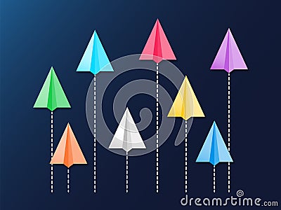 Diversity concept vector illustration. Colorful paper planes flying randomly viewed from top on blue background Vector Illustration