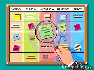Scrum board and magnifying glass. Vector Illustration