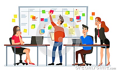 Scrum board meeting. Business team planning tasks, office workers conference and workflow plan flowchart cartoon vector Vector Illustration