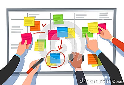 Scrum board. Task list, planning team tasks and collaboration plan flowchart. Business workflow scheme cartoon vector Vector Illustration