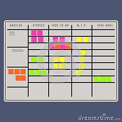 Scrum board vector with sticker notes attached. Vector Illustration