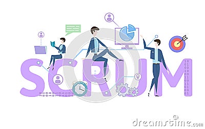 SCRUM framework. Concept table with keywords, letters and icons. Colored flat vector illustration on white background. Vector Illustration