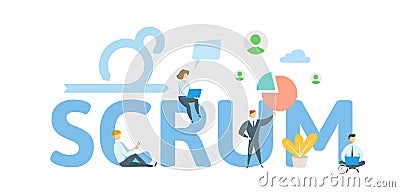 SCRUM framework. Concept with keywords, letters and icons. Flat vector illustration on white background. Vector Illustration