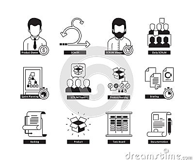 Scrum icon. Agility development methodology business processes iterative daily work master time management vector icon Vector Illustration