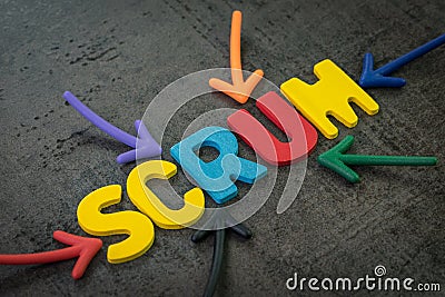 Scrum master method for agile software development concept, multi color arrows pointing to the word Scrum at the center of black Stock Photo