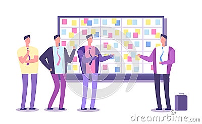 Scrum planning board. Employees planning work at taskboard. Business process leaning and meeting vector concept Vector Illustration