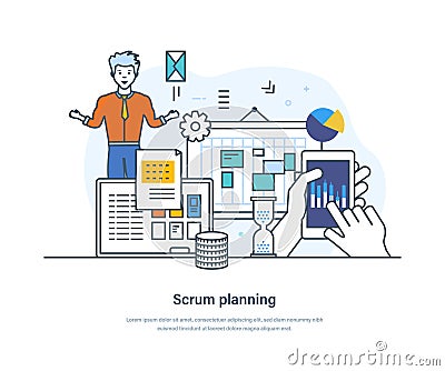 Scrum planning process agile development, task sprint teamwork methodology Vector Illustration