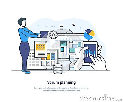 Scrum planning process agile development, task sprint teamwork methodology Vector Illustration