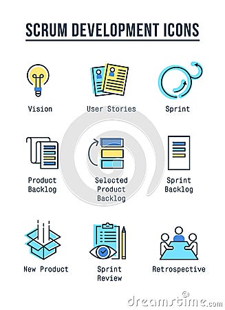 Scrum Process line icon set Vector Illustration