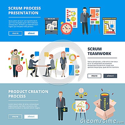 Scrum processes. Teamwork agile sprints software production collaboration project time management vector horizontal Vector Illustration