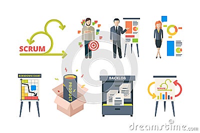 Scrum system. Business processes time management agility team work methodology framework software development project Vector Illustration