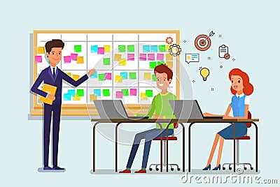 Scrum task board with sticky note cards. Vector Illustration