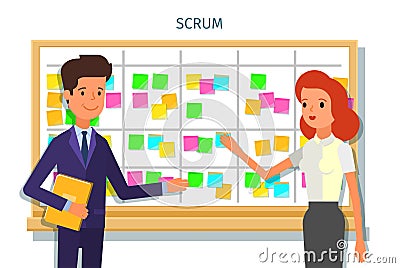 Scrum task board whith sticky note cards. Vector Illustration