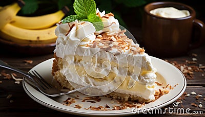 Scrumptious banana cream pie on a rustic wooden background, perfect for dessert lovers Stock Photo