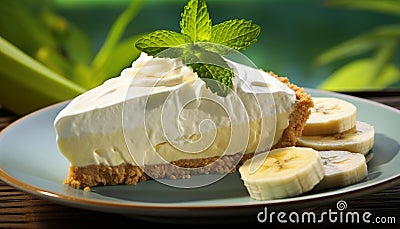 Scrumptious banana cream pie with a rustic wooden background for a perfect dessert treat Stock Photo