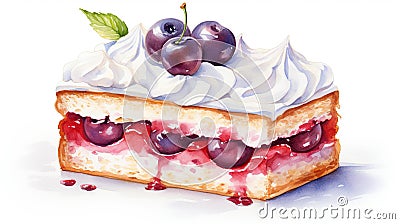 Scrumptious cake with fresh cherries and whipped cream on a white background Stock Photo