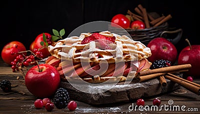 Scrumptious homemade apple pie on rustic wooden background, a delightful autumn treat Stock Photo