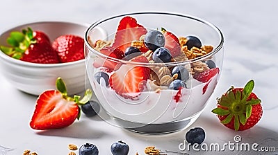 Scrumptious Homemade Yogurt Infused with Strawberries, Berries, and Crunchy Cereals with white background, Generative AI Stock Photo