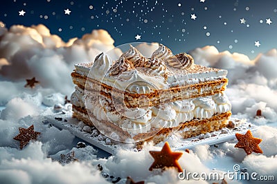 Scrumptious Layered Mille feuille Pastry with Cream Filling on Starry Background Gourmet Dessert Concept Stock Photo