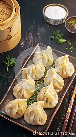 Scrumptious manti dumplings arranged enticingly on dark background Stock Photo