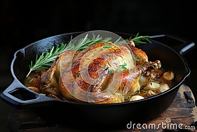 Scrumptious roast goose with crispy skin and succulent meat, perfectly cooked in a sizzling pan Stock Photo