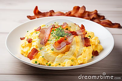 Scrumptious Scrambled Eggs with Crispy Bacon and Fresh Chives Stock Photo