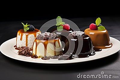 Scrumptious Set tasty pudding. Generate Ai Stock Photo