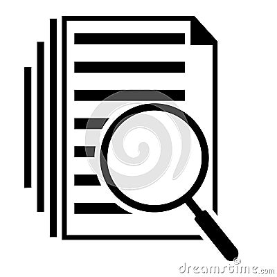 Scrutiny document plan icon in flat style. Review statement vector illustration on white isolated background. Document with magnif Vector Illustration