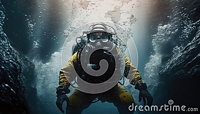 Scuba deep sea diver swimming in a deep ocean cavern . Underwater exploration. Into the abyss. Stock Photo