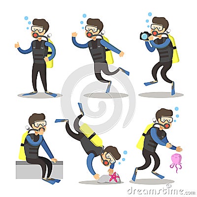 Scuba Diver Cartoon Set. Snorkeling Diving Vector Illustration