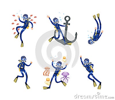 Scuba Diver Diving with Snorkeling Mask and Goggles Floating Underwater with Anchor and Jellyfish Vector Set Vector Illustration