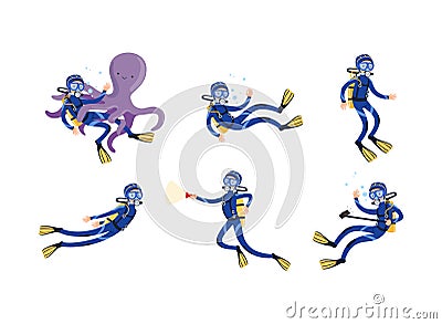 Scuba Diver Diving with Snorkeling Mask and Goggles Floating Underwater with Octopus and Flashlight Vector Set Vector Illustration