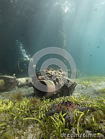 A scuba diver diving underwater near an underside pier with sunlight in the water. Stock Photo