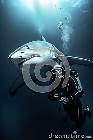 Scuba Diver Encounters Ferocious Shark. Generative ai Stock Photo