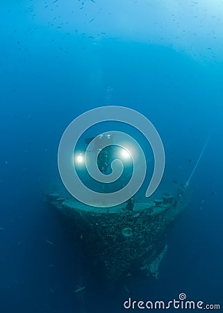 Scuba diver exploring Shipwreck SS Thistlegorm Stock Photo